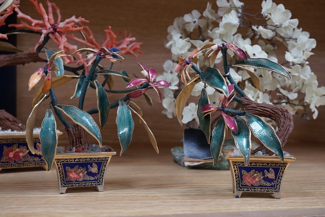Five miniature Chinese enamel and coral bonsai trees and planters, largest 22cm high